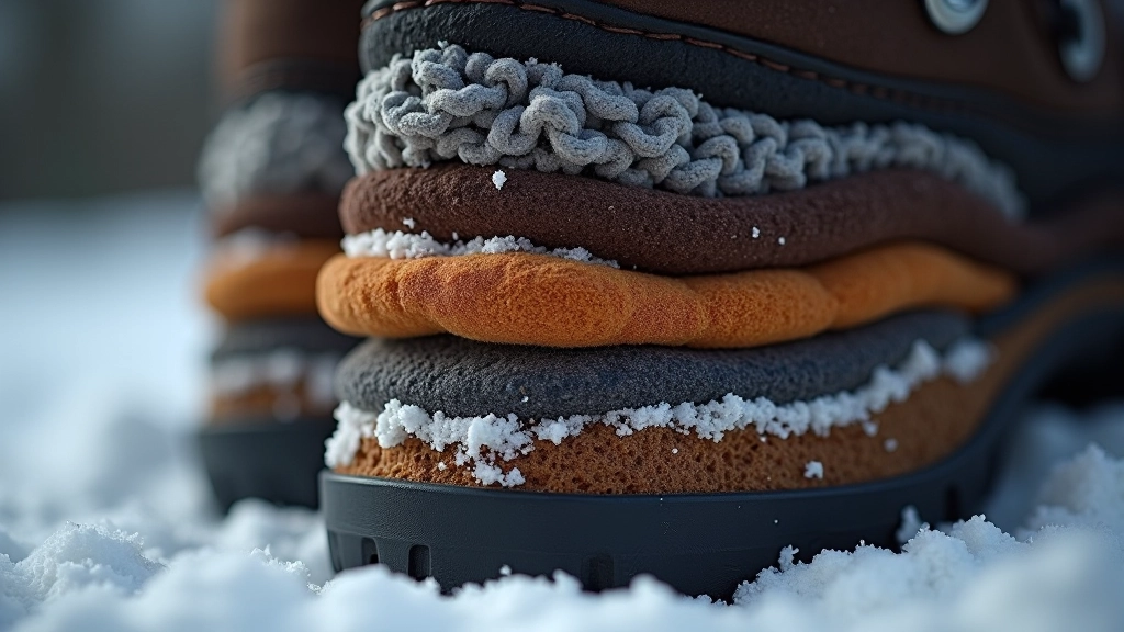 Cross-section view of winter boot insulation layers showing waterproof membrane and thermal padding construction