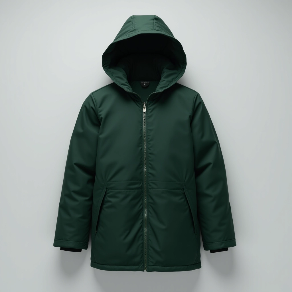 Forest green synthetic insulated parka displayed full-length showing front zipper and hood detail on light grey background