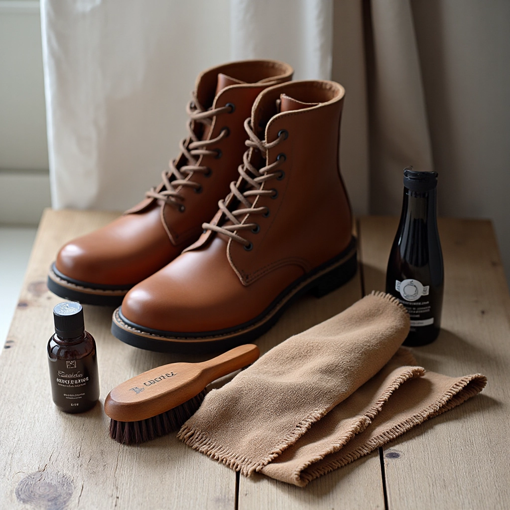 Leather conditioning treatment being applied to winter boot, showing maintenance and care products on wooden surface