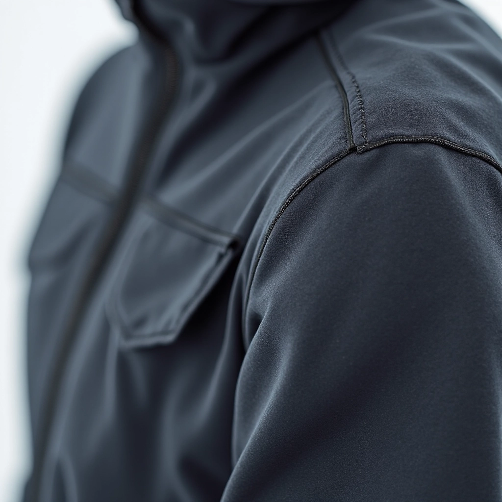 Close-up detail of forest green parka showing water-resistant fabric texture and quality stitching